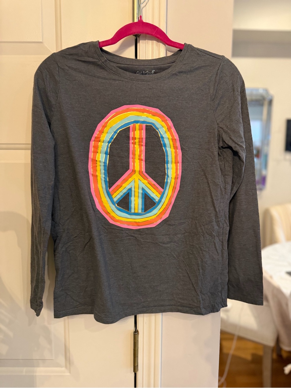 Cat & Jack Gray Long-Sleeve Tee with Neon Rainbow Peace Sign